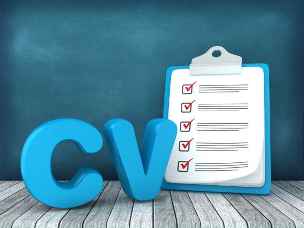 Lettre de motivation et CV avec une liste de vérification sur un fond bleu.